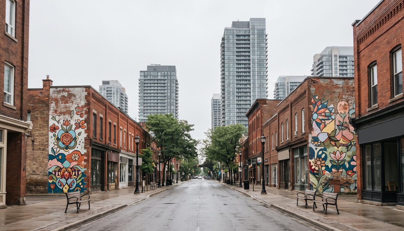 Main street storefronts with painted murals and condo towers in the distance in Islington Village (illustrative)