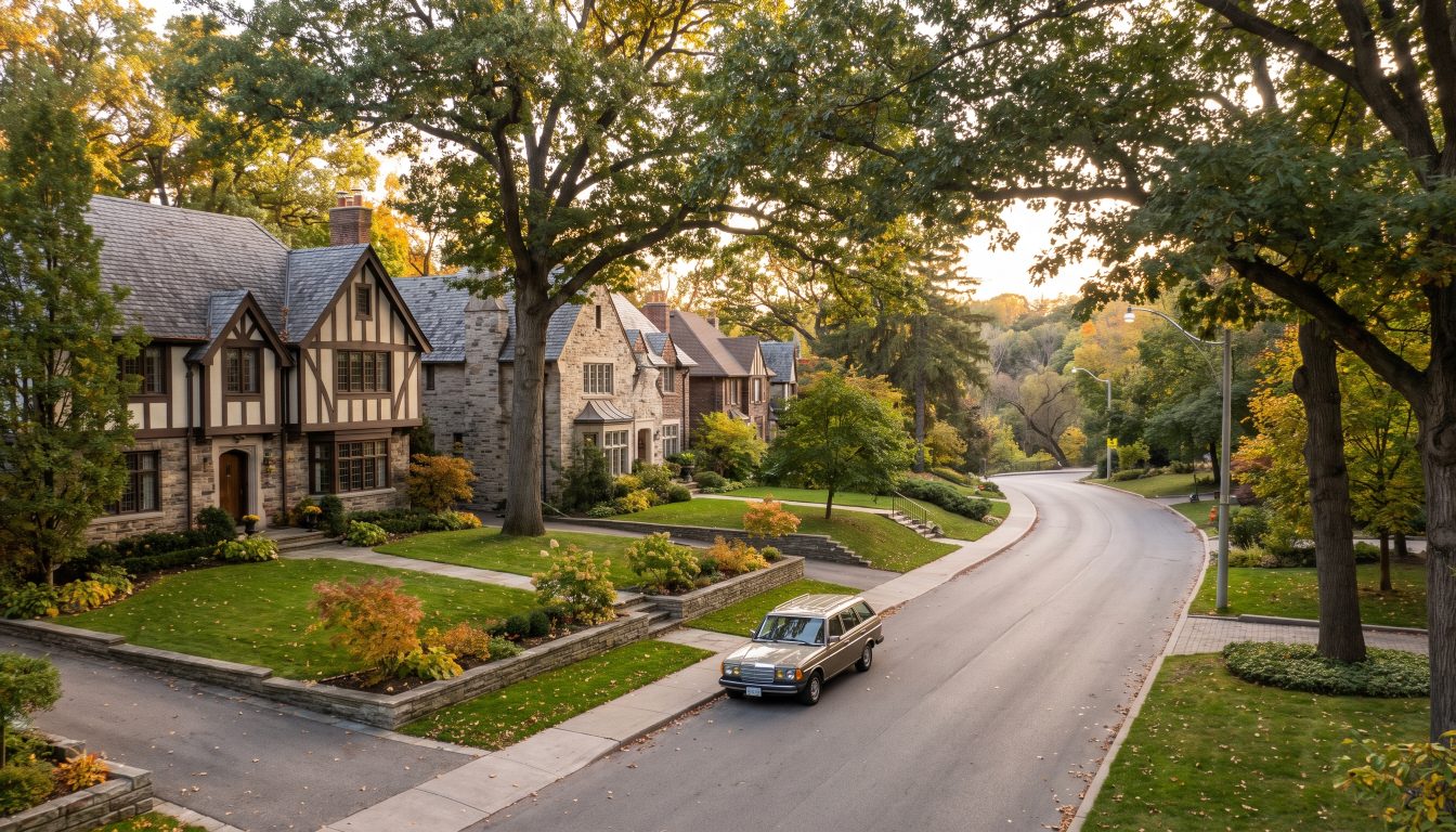 Tudor revival and stone detached homes under mature oak trees in The Kingsway, Etobicoke (illustrative)