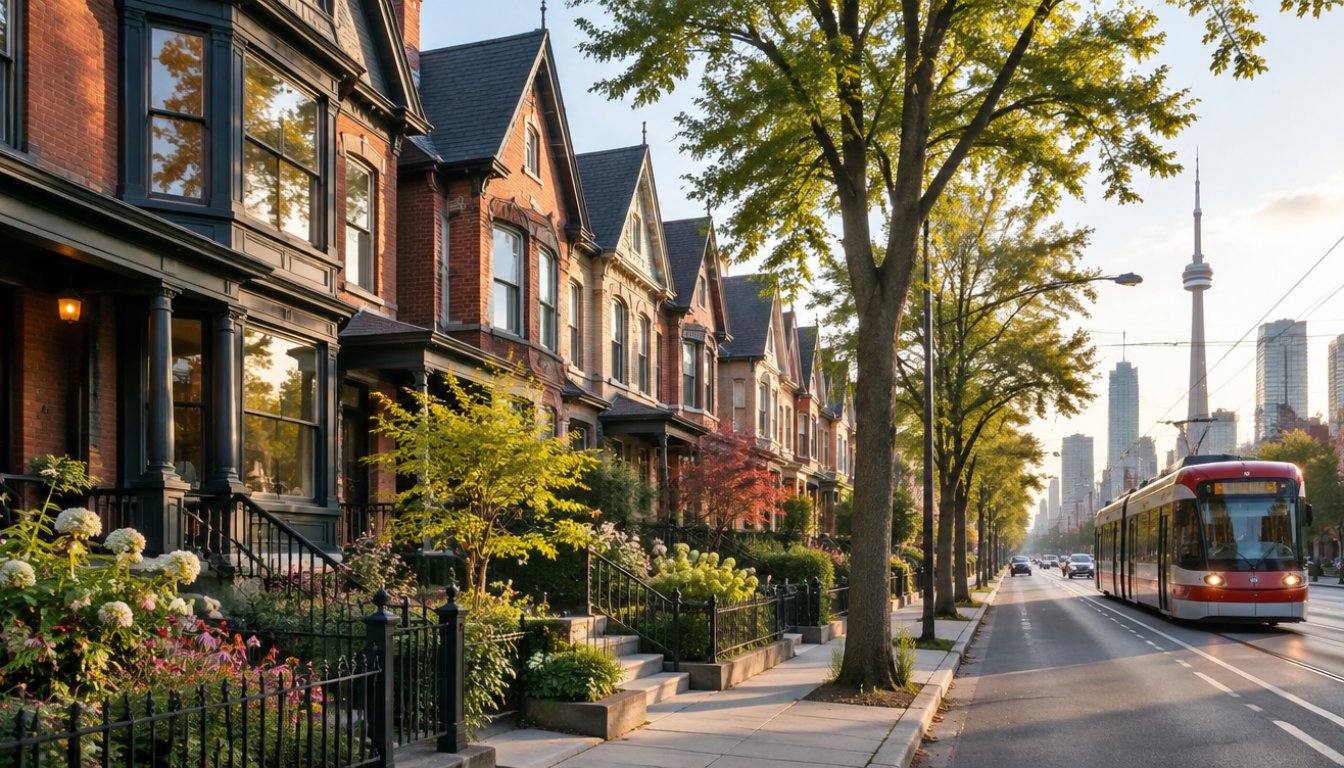 A leslieville toronto street with renovated victorian row houses (illustrative)