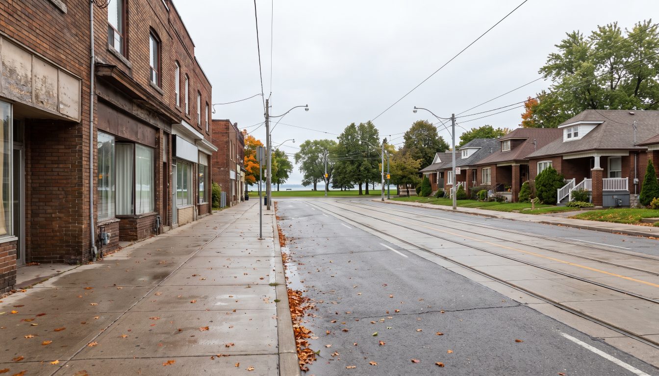 Main street storefronts and tree-lined residential streets near a lakefront park in Long Branch, Etobicoke (illustrative)
