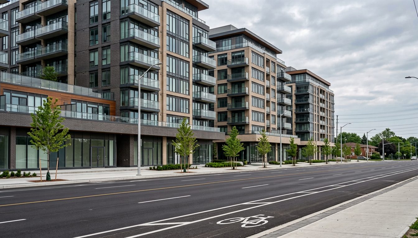 Mid-rise condominiums and low-rise retail along The Queensway in Etobicoke on an overcast morning (illustrative)