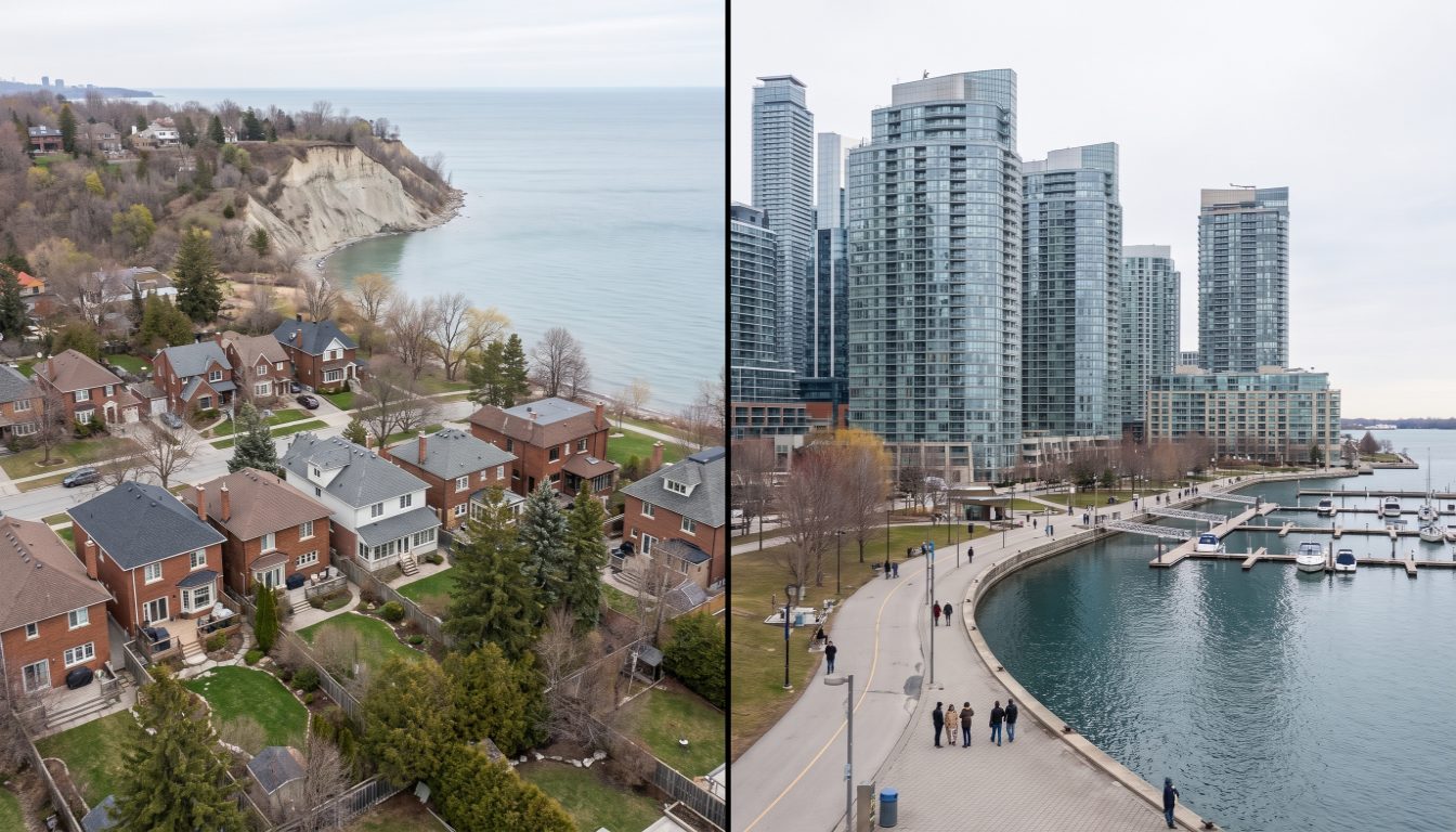 Condo towers on Marine Parade Drive in Humber Bay Shores against detached houses above the Bluffs in Birch Cliff, Toronto