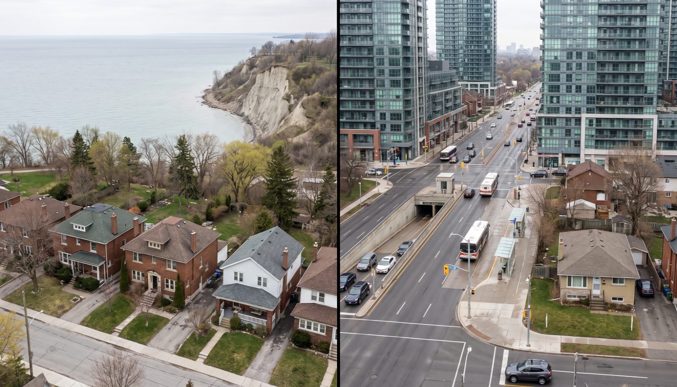Detached houses above the Scarborough Bluffs in Birch Cliff beside condo towers at the Kipling subway terminus in Etobicoke