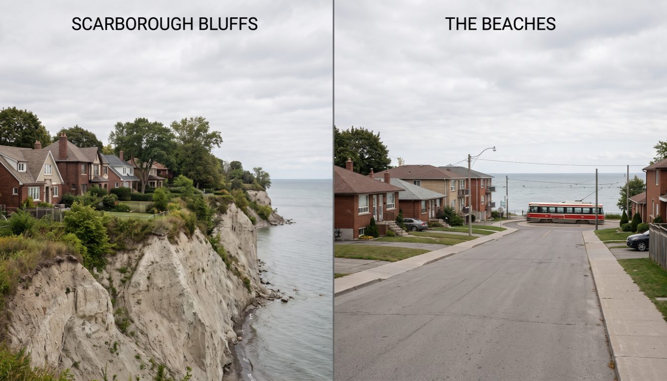 Brick houses above the Scarborough Bluffs in Birch Cliff beside low-rise Lake Shore Boulevard retail in Long Branch