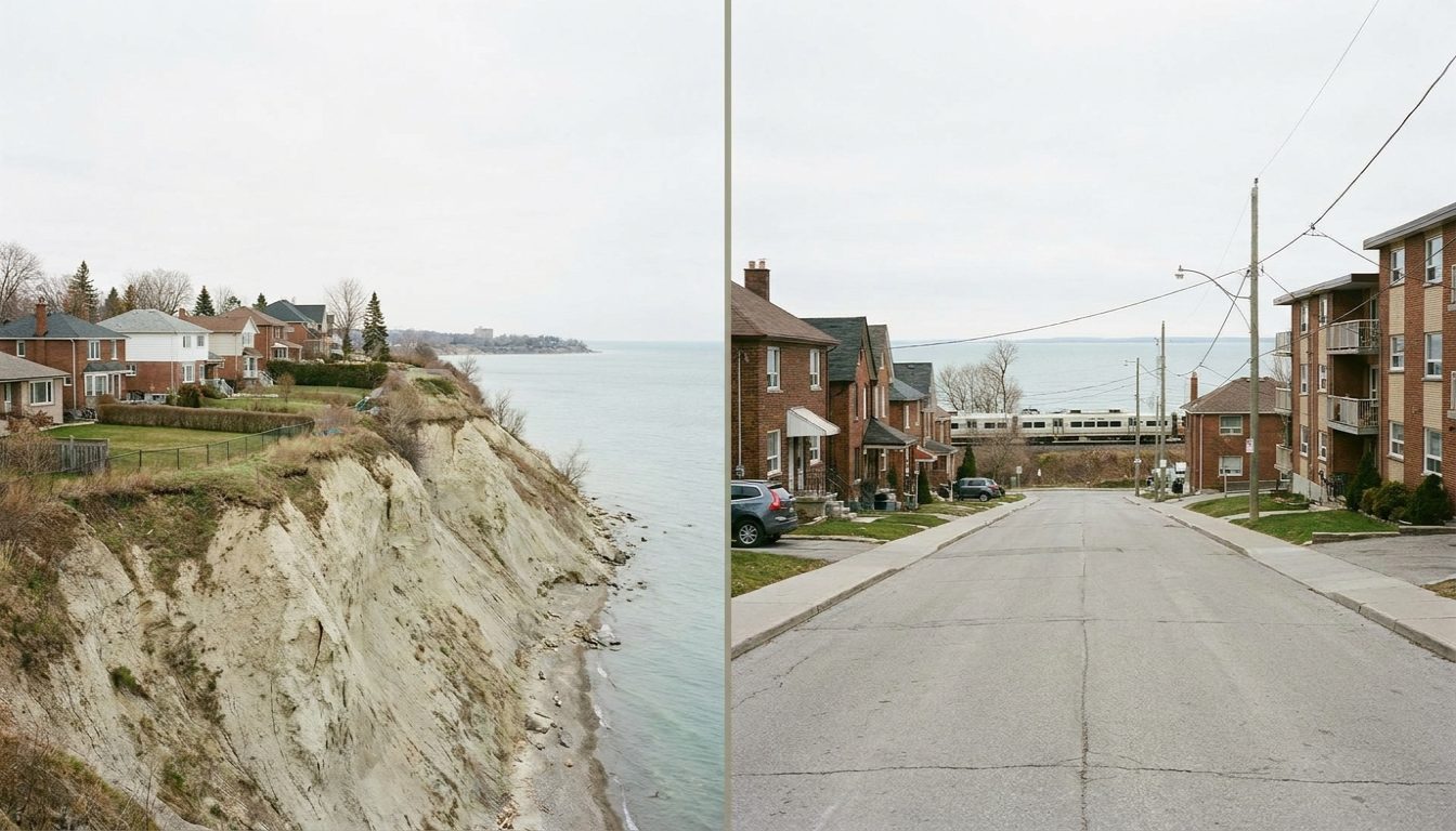 Detached houses on Birch Cliff streets above Lake Ontario beside Mimico's century homes and condo towers in Etobicoke