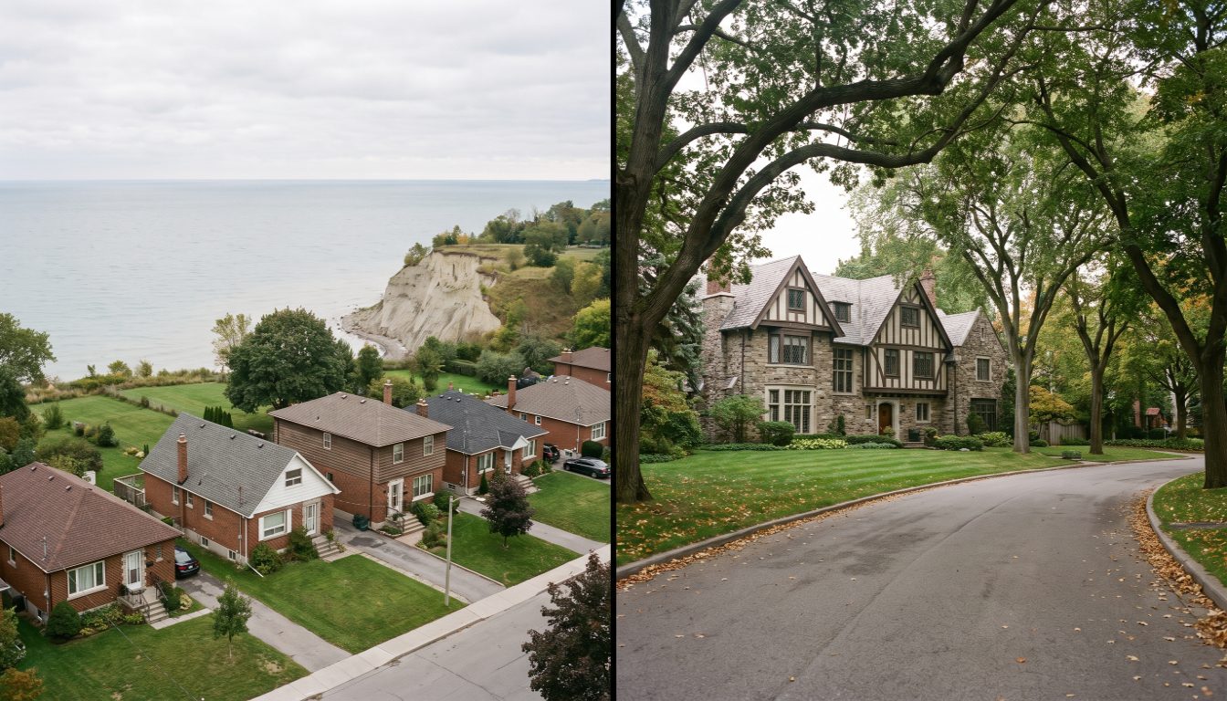 Sandstone Arts and Crafts homes in The Kingsway beside brick houses above the Scarborough Bluffs in Birch Cliff, Toronto
