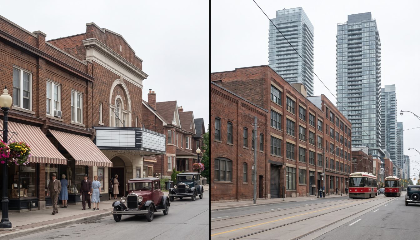 A quiet Bloor West Village street of brick houses beside condo towers and streetcar tracks on King West