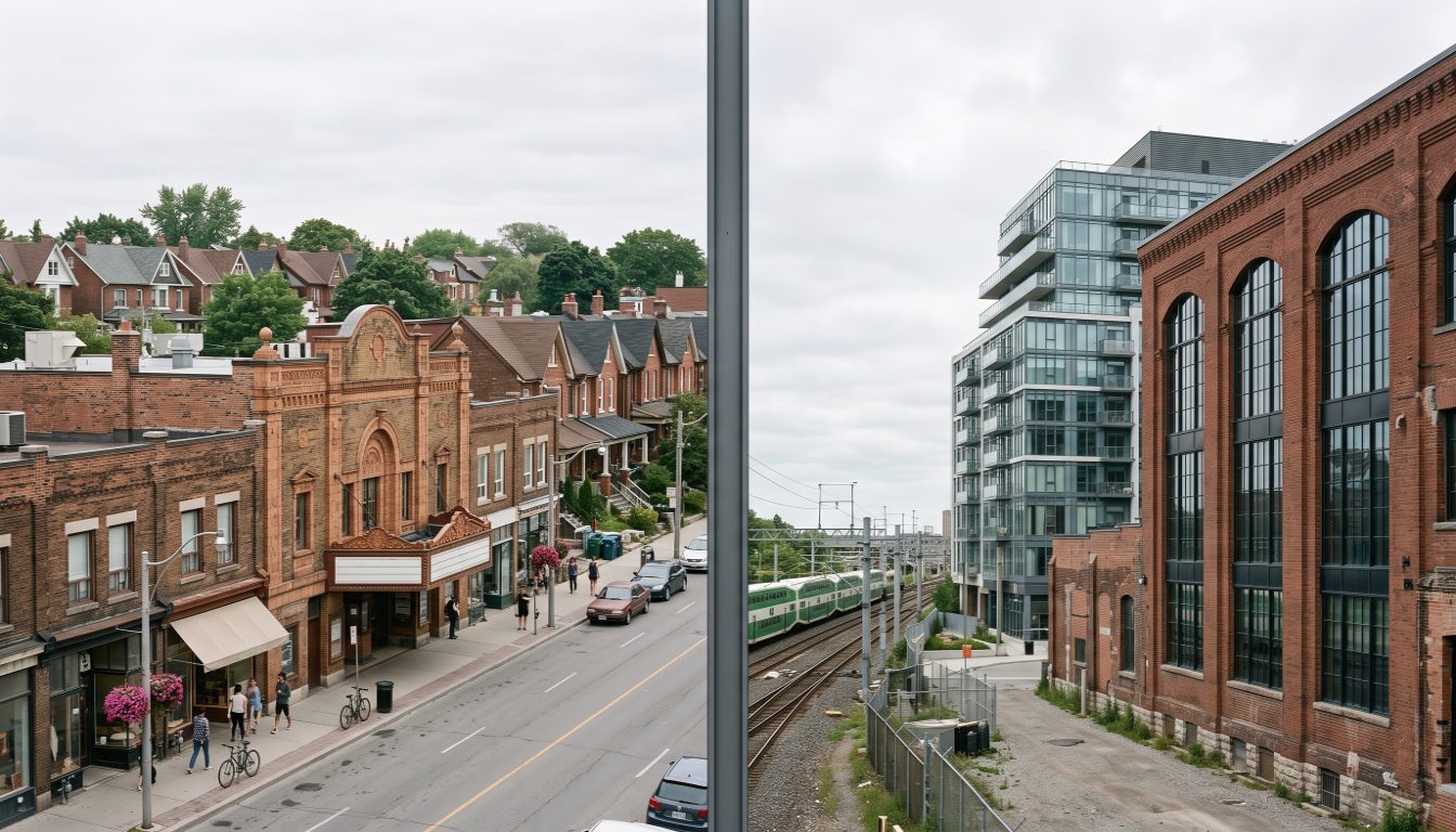Brick houses in Bloor West Village beside the converted factory lofts and towers of Liberty Village