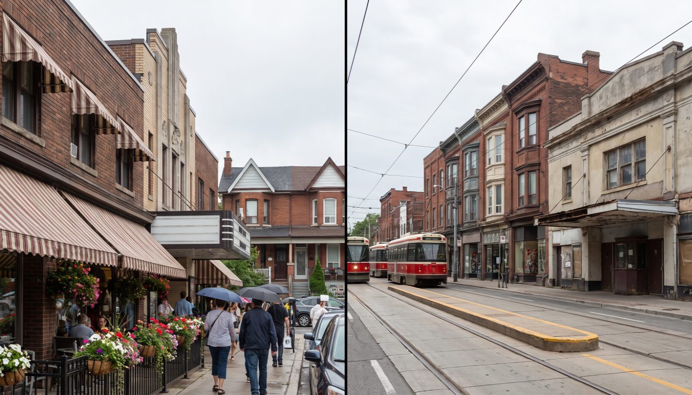 Shopfronts on the Bloor West Village high street beside the widened sidewalks of Roncesvalles Avenue