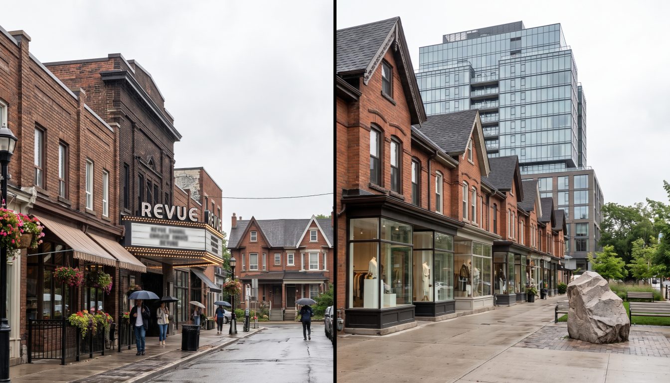 Family shops on the Bloor West Village high street beside luxury retail and glass towers in Yorkville