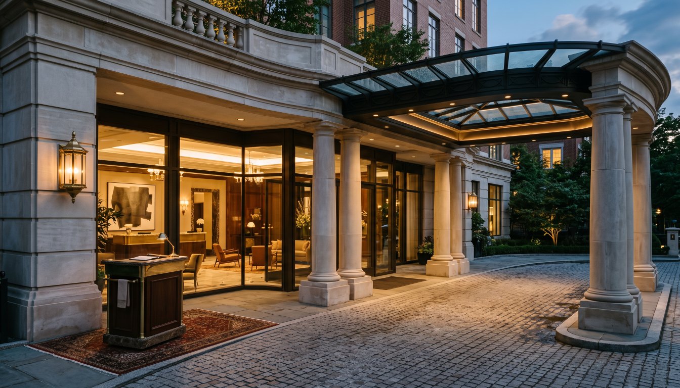 A hotel style residential entrance with a porte cochere, stone columns and glass canopy