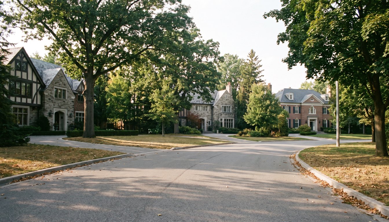 A wide curving road of very large estate homes set far back behind mature trees in Toronto