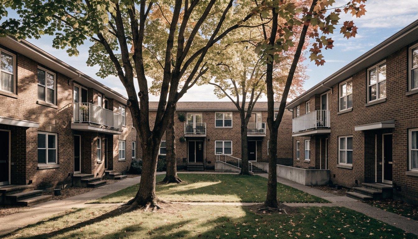 Early 1970s two-storey brown brick townhouse rows around a shared green courtyard