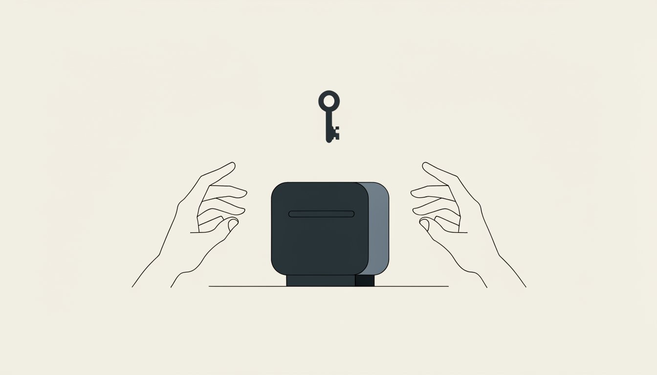 Flat vector illustration of a closed strongbox between two hands reaching from opposite sides, neither touching it, with an unused key above