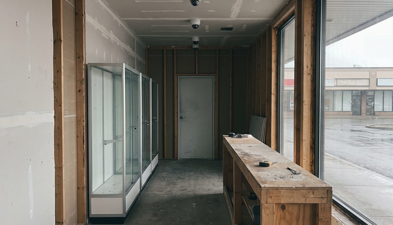 Empty retail unit with a long service counter and locked glass display cases awaiting fit-out