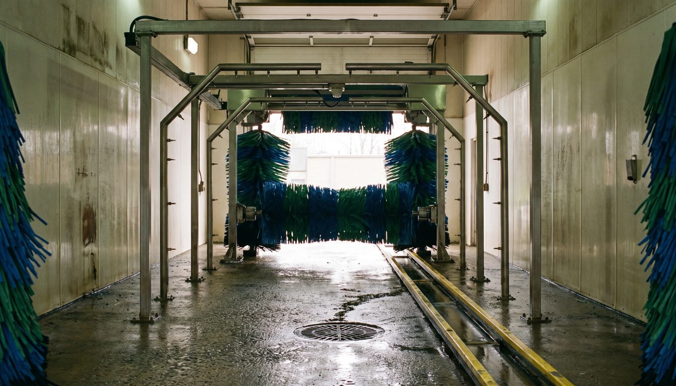 Empty automatic car wash tunnel with brushes and wet concrete floor