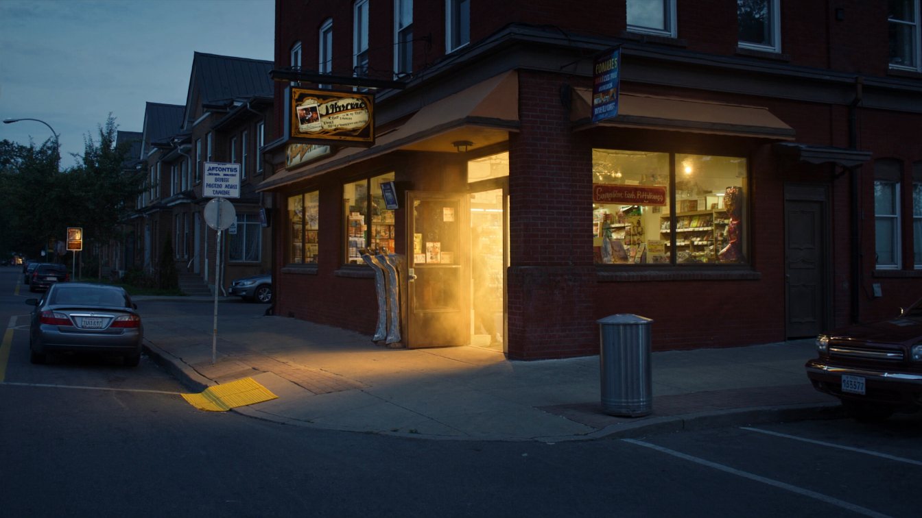 Neighbourhood convenience store on a GTA corner at dusk with lit windows and a quiet sidewalk (illustrative)
