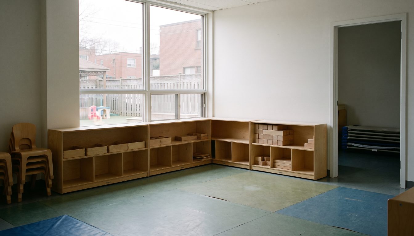 Empty licensed child care playroom with low shelving, small chairs and a separate sleeping area beyond