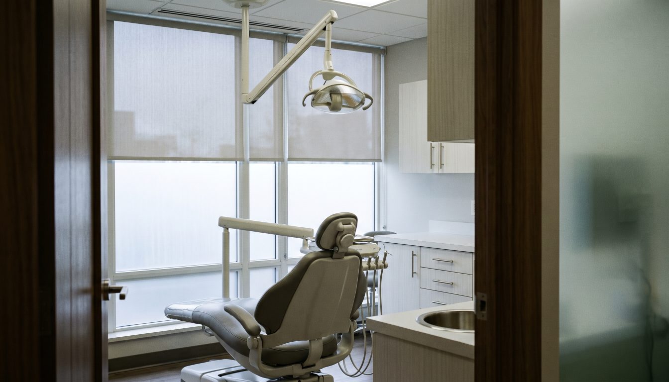 Empty dental treatment room with chair, overhead light and cabinetry in soft daylight