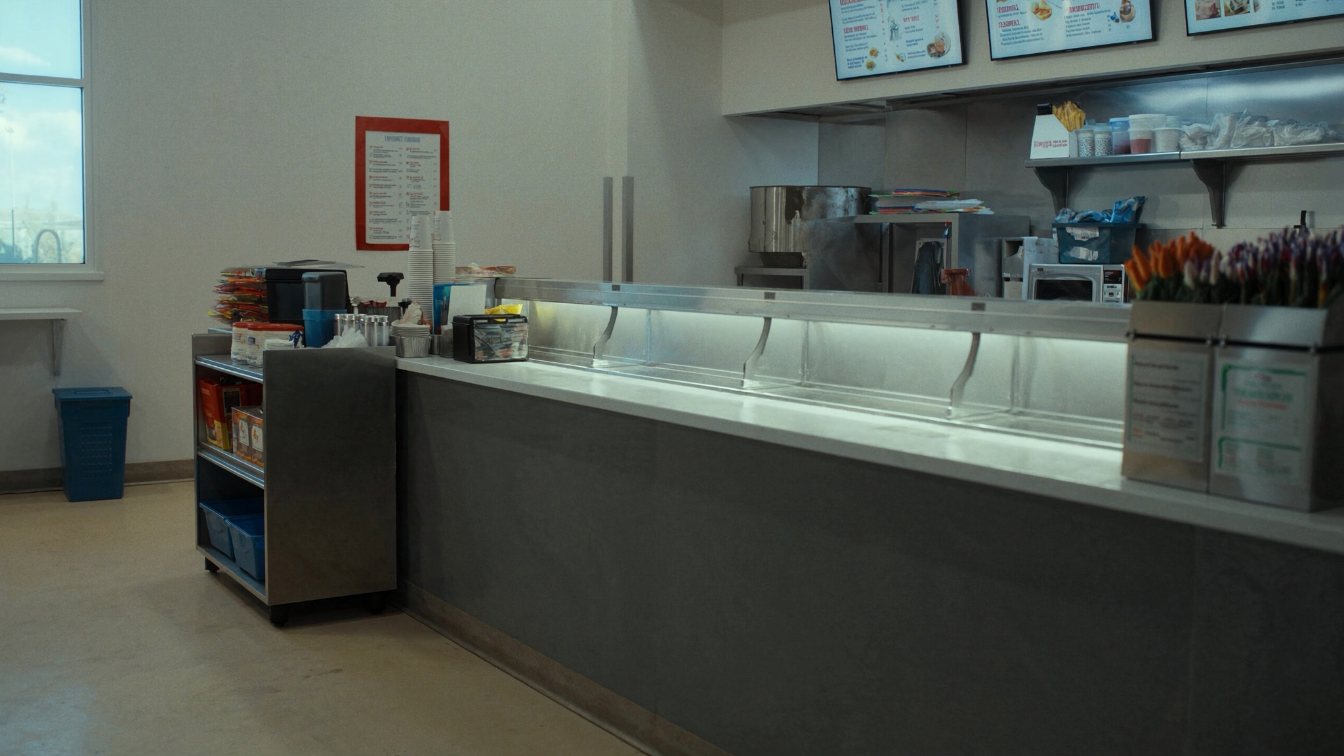 Quick-service restaurant counter and menu wall in a suburban plaza unit, unbranded (illustrative)