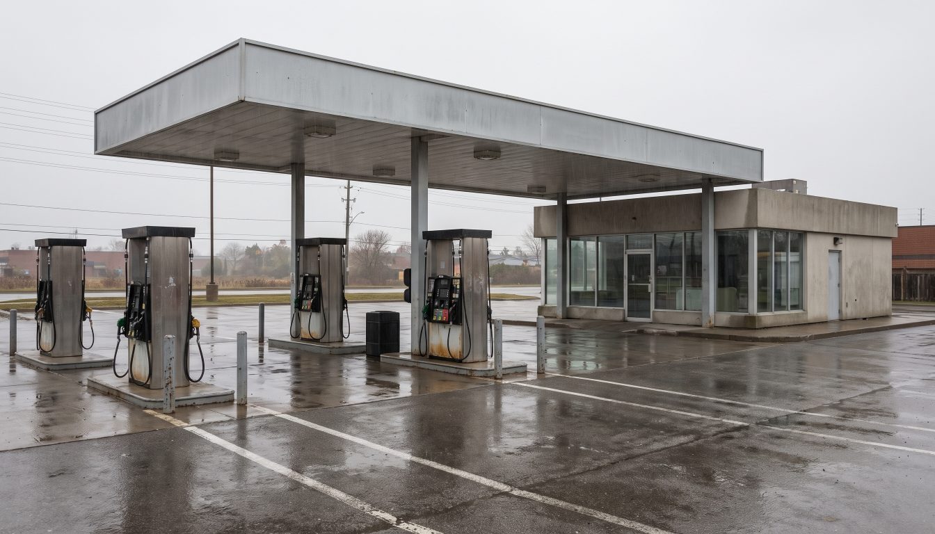 Empty fuel forecourt with pump islands and canopy under flat grey daylight