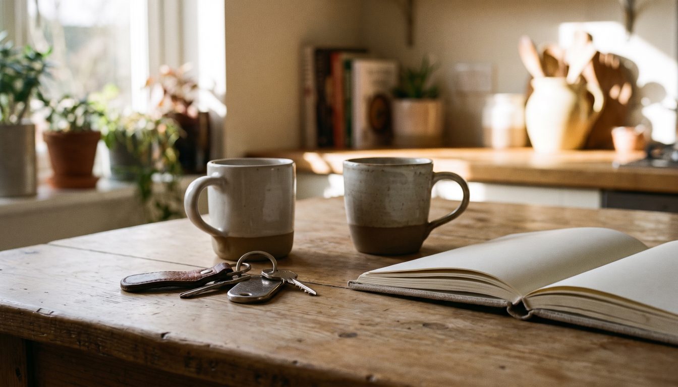 Two coffee mugs and two sets of house keys on a kitchen table (illustrative)