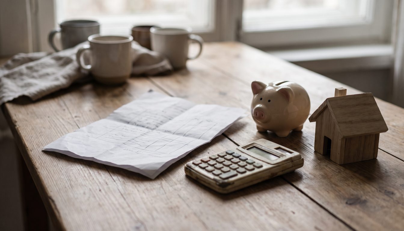 Kitchen table with a paper report, calculator, piggy bank and model house (illustrative)