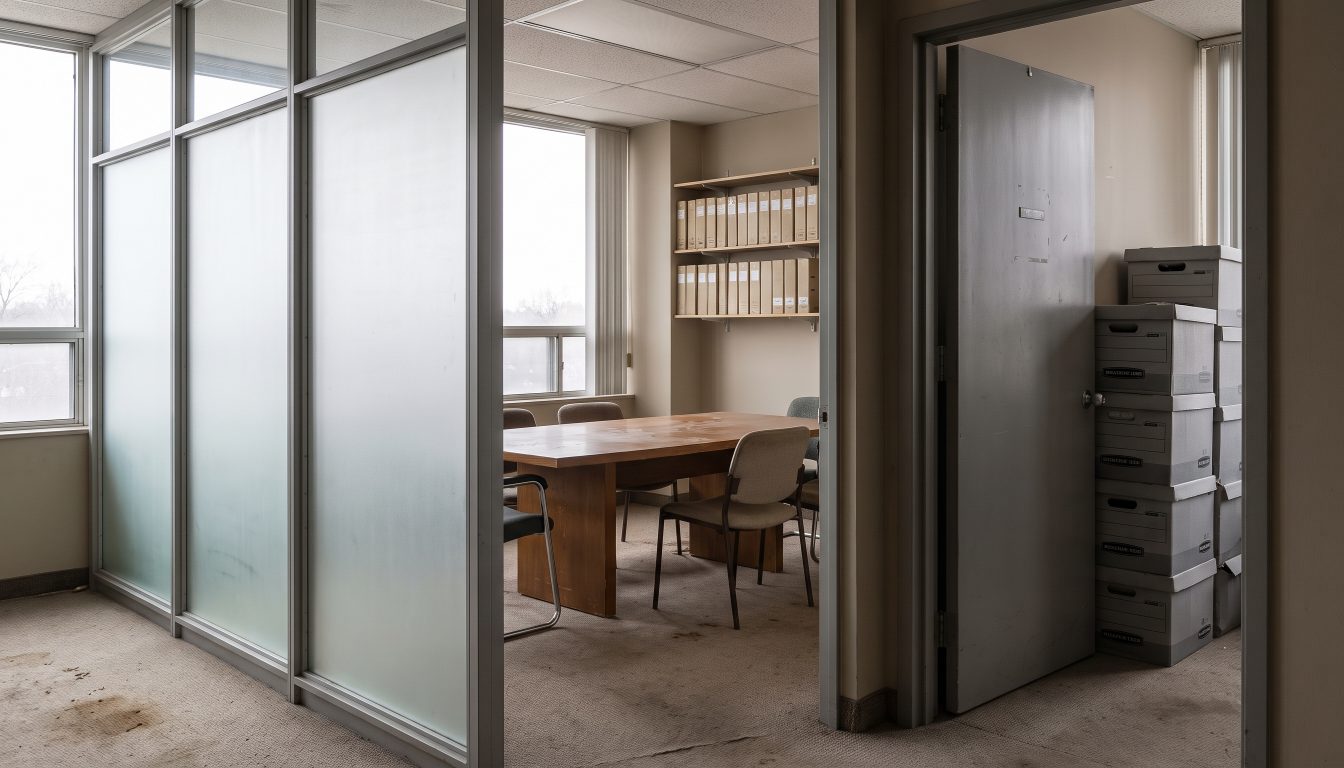 Empty small law office with shelving, a boardroom table and banker's boxes in daylight