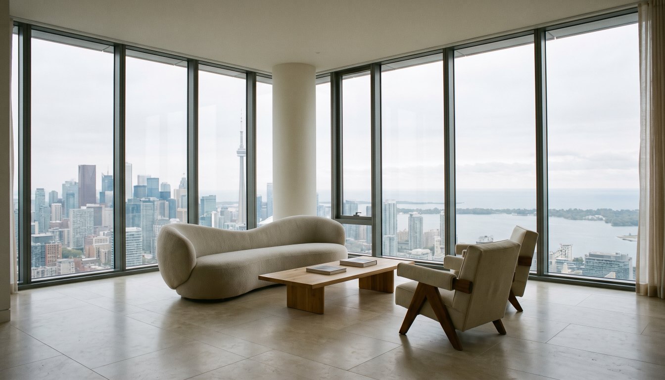 A luxury Toronto condominium living room with floor to ceiling windows and a city view