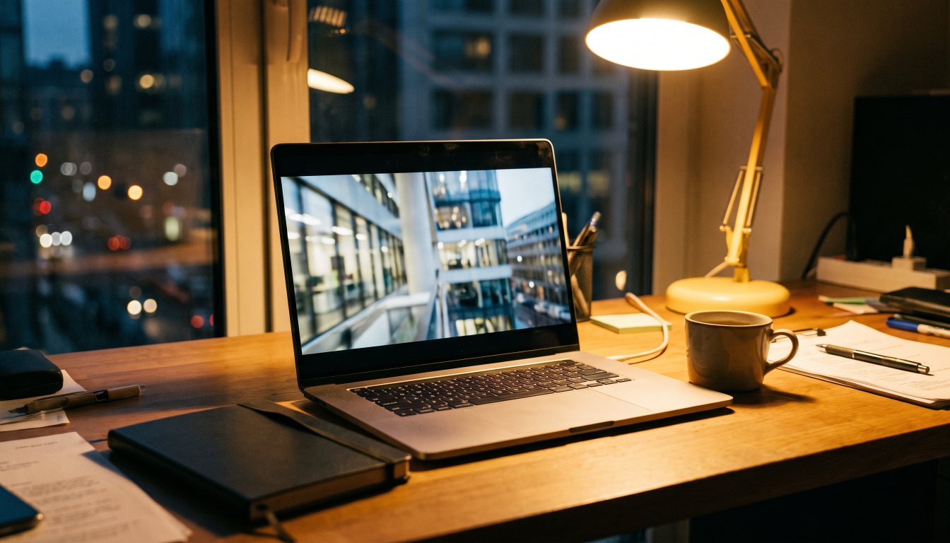 A laptop showing a property video tour on a desk beside a notebook under lamp light