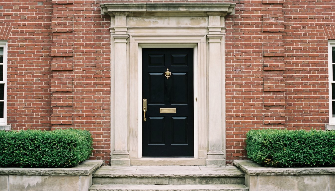 The black front door and limestone entrance of a Georgian red brick Toronto home