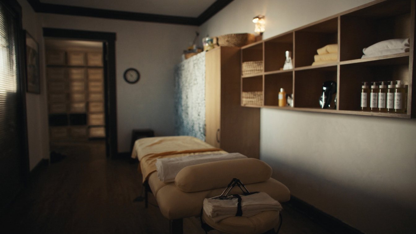 Calm massage therapy treatment room with a padded table and soft lighting in a GTA clinic (illustrative)
