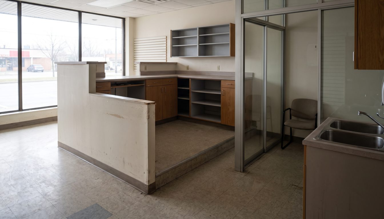 Empty community pharmacy dispensary with shelving, counter and consultation window in daylight