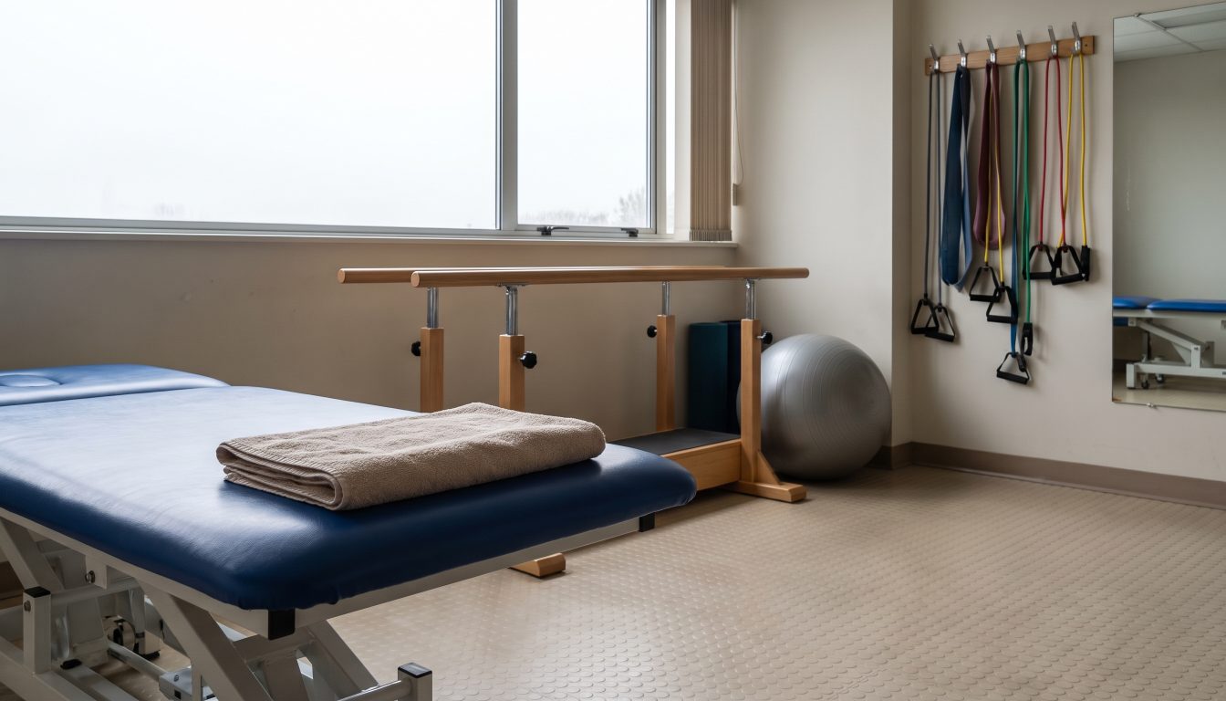 Physiotherapy treatment area with plinth, exercise equipment and mirrored wall in daylight
