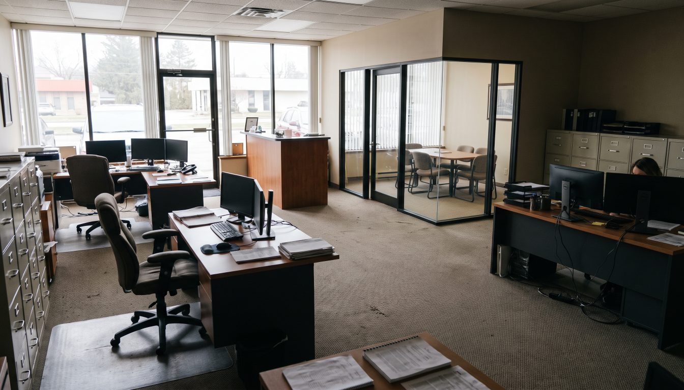Working interior of a small real estate brokerage office with desks and a glass meeting room