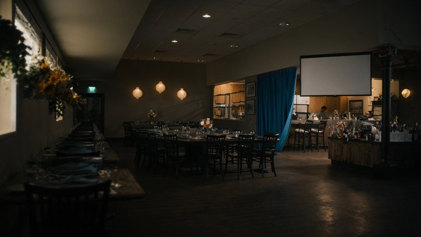 Empty restaurant dining room with set tables and an open kitchen pass before service (illustrative)