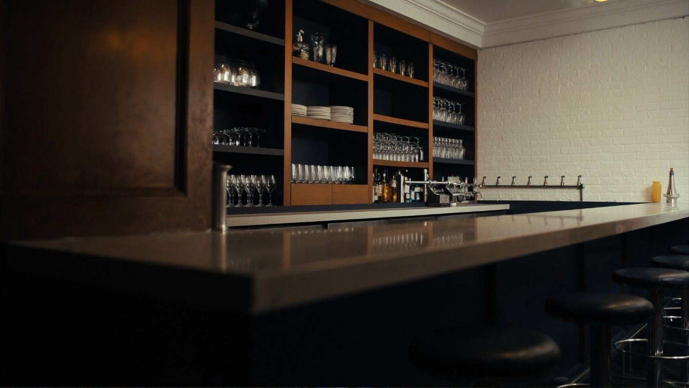 Restaurant bar counter with bottles on back shelving and empty stools before opening (illustrative)