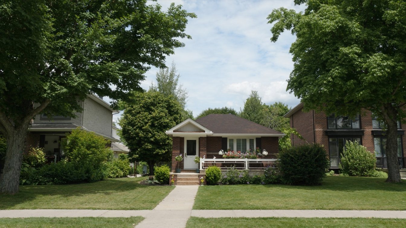 An older one-storey bungalow on a wide lot between newer two-storey homes on a Toronto street (illustrative)