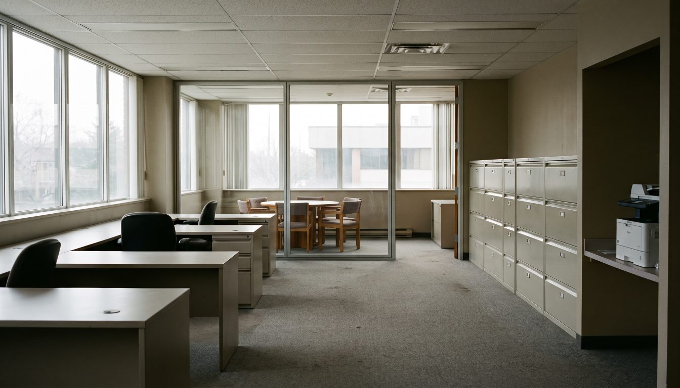 Empty small accounting office with workstations, a meeting room and file storage in daylight