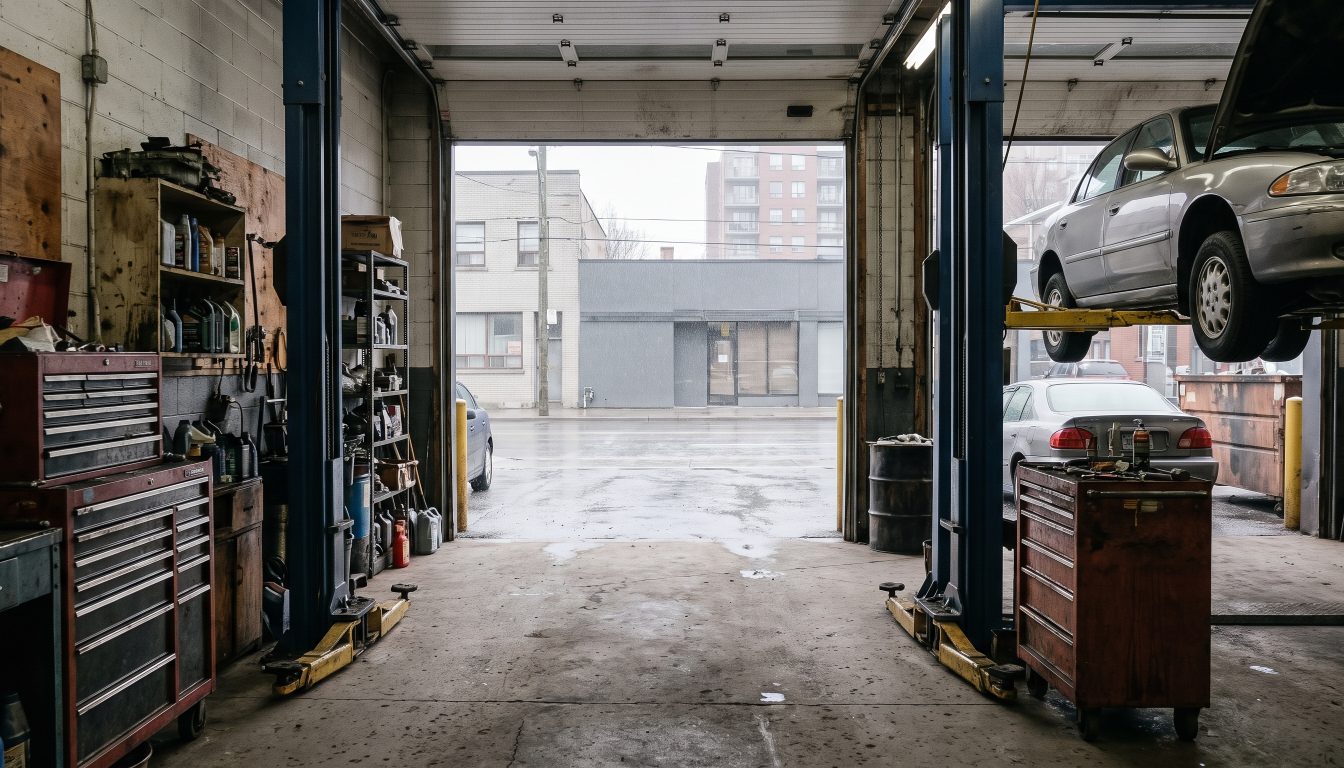 Service bay of an independent automotive repair shop with raised vehicle hoists and tool chests