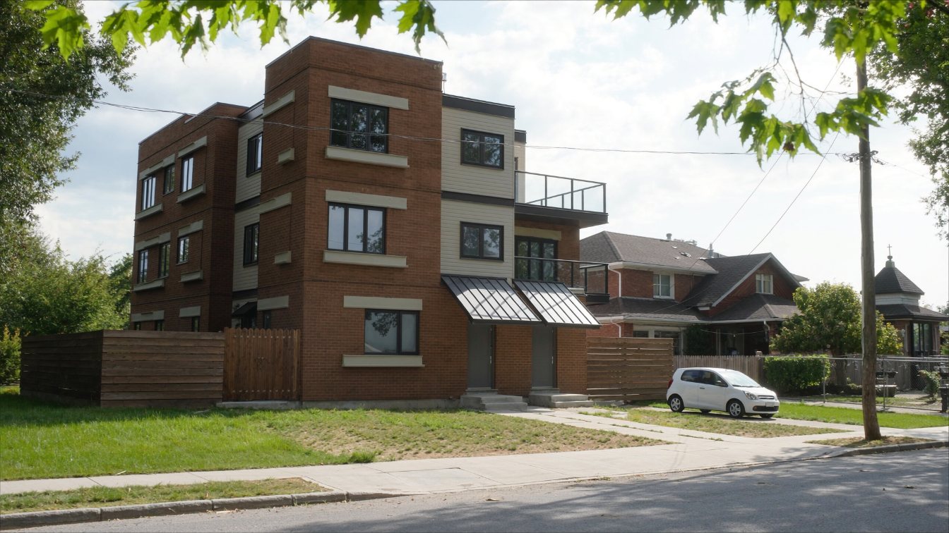 A new three-storey fourplex with separate entrances on a Toronto residential street (illustrative)