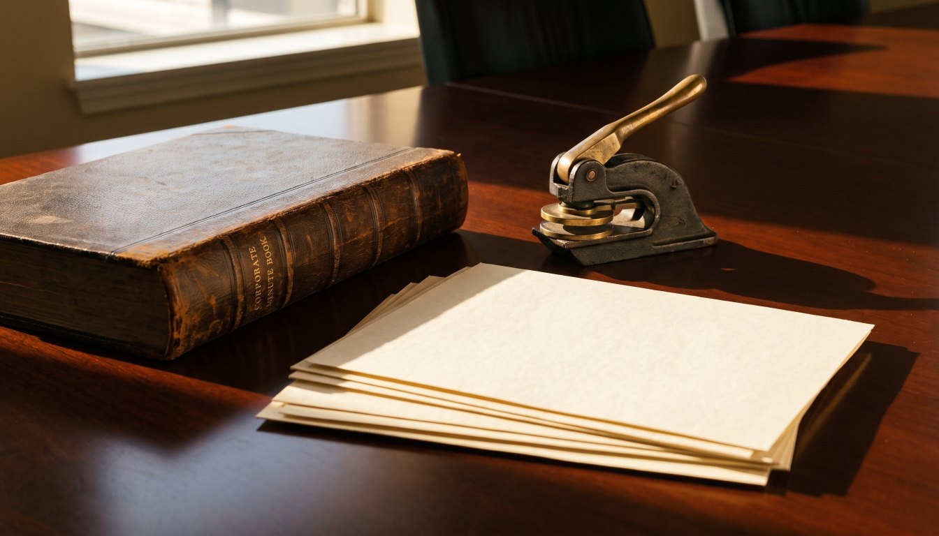 A corporate minute book, a seal press and share certificates on a dark boardroom table