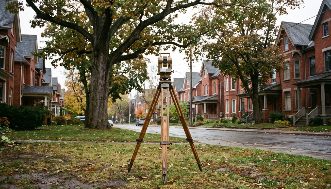 A surveyor tripod and total station set up on a Toronto residential front lawn
