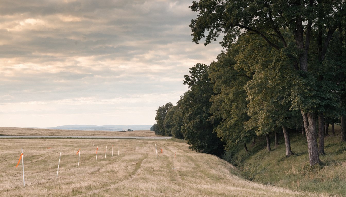 A wooded creek valley meeting open graded farmland with survey stakes in southern Ontario, illustrating the Sixteen Mile Creek lands at 1303 Dundas Street West in Oakville.