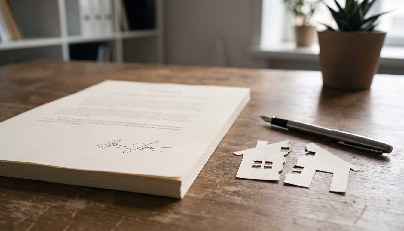 Signed document and pen beside a paper house cutout torn slightly (illustrative)