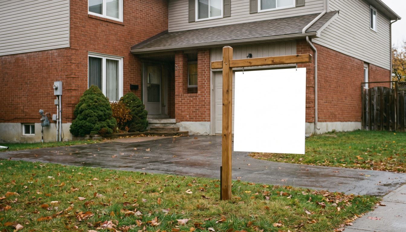 Blank for-sale sign post on the lawn of a detached suburban home (illustrative)