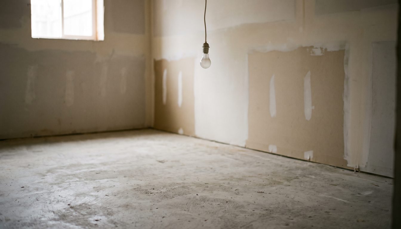 Ontario basement with patched drywall and an altered electrical panel left behind by a former cannabis growing operation
