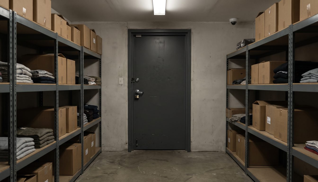Secured back receiving and storage room of a retail unit with a steel door and shelving