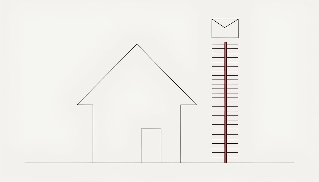 Flat vector illustration of a house beside a vertical timeline of tick marks with one accented in red and an envelope at the top