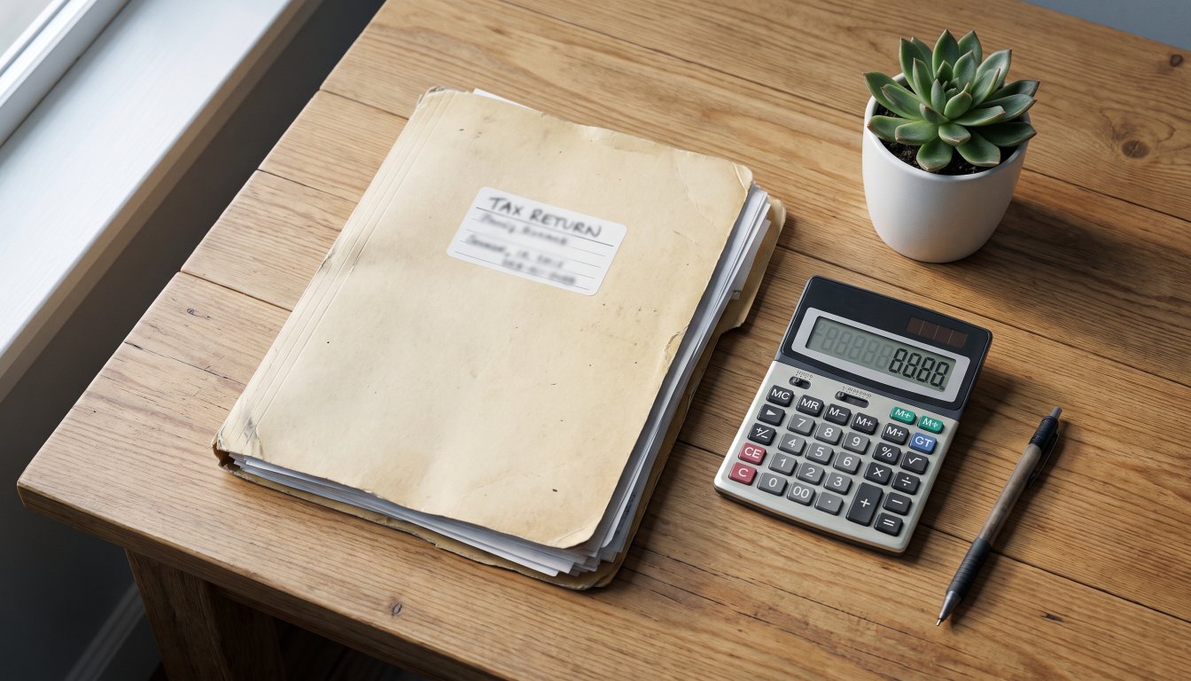 A tax return folder, a calculator and a pen on a clean desk in cool daylight